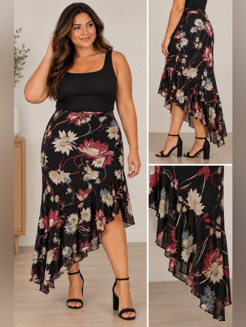 Floral Black Midi Skirt with Pink & Cream Blooms